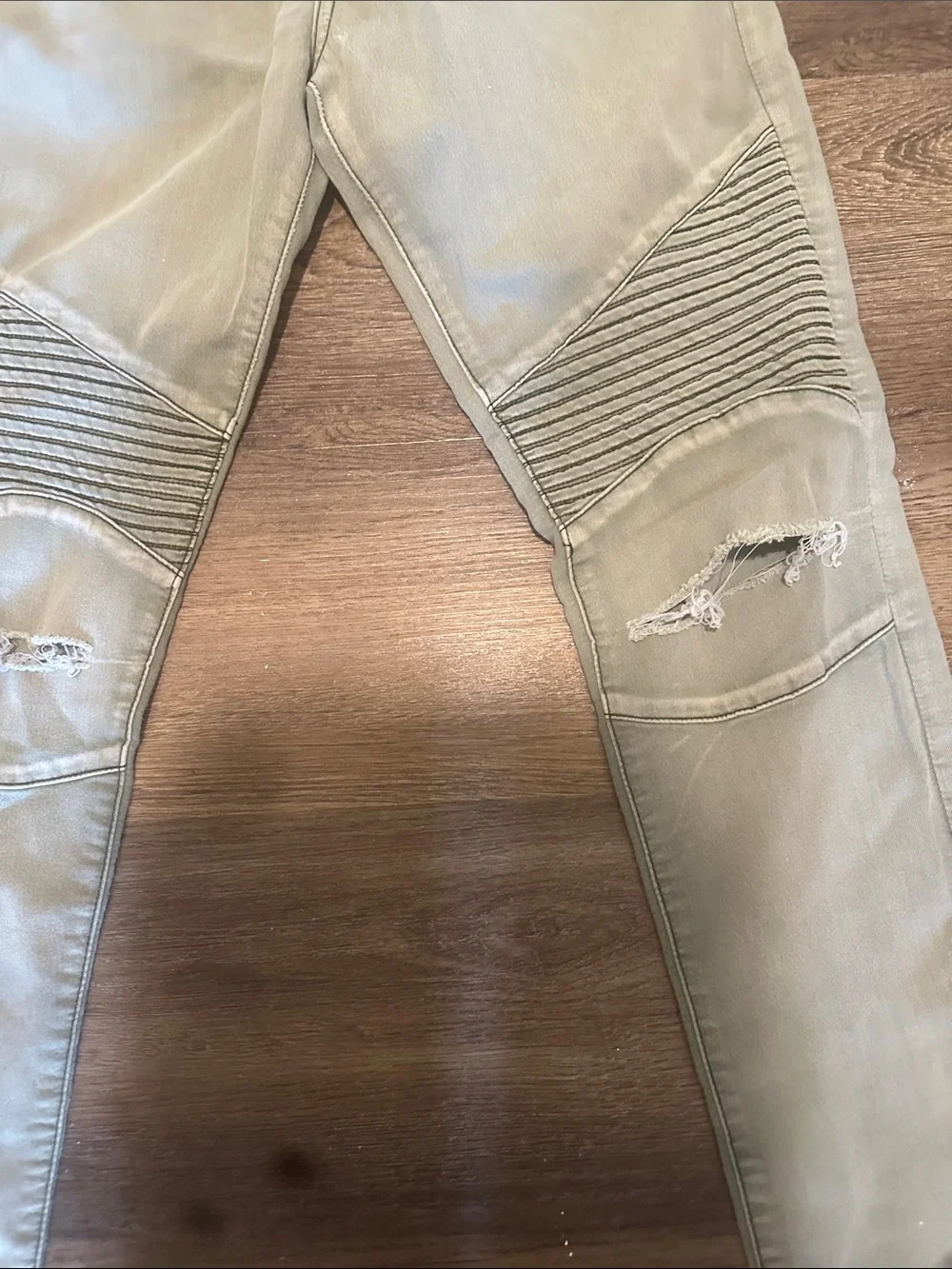 Women's Skinny Jeans in Olive Green with Moto Ribbing